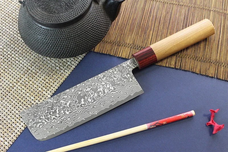 Couteau nakiri japonais artisanal Yoshimi Kato 16,5cm VG10 Nickel Damascus cerisier
