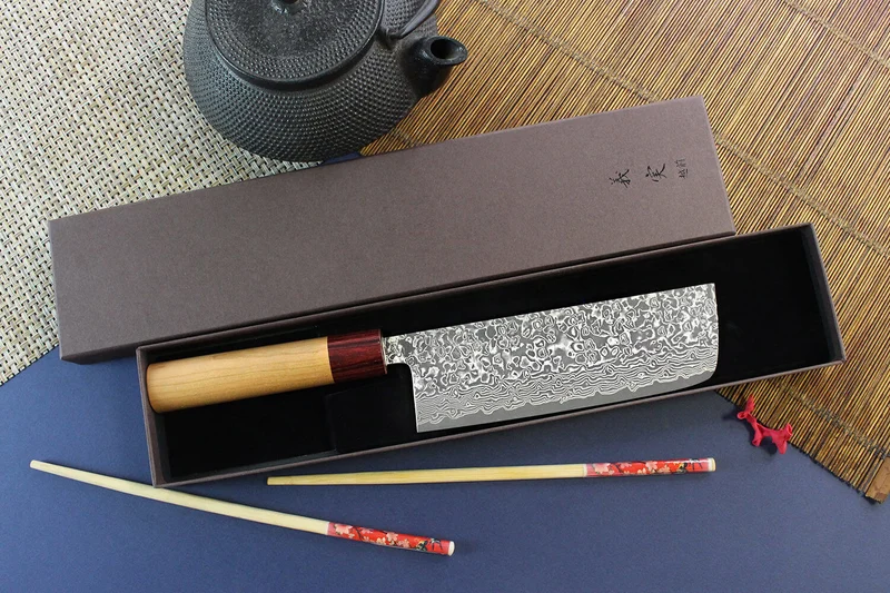 Couteau nakiri japonais artisanal Yoshimi Kato 16,5cm VG10 Nickel Damascus cerisier