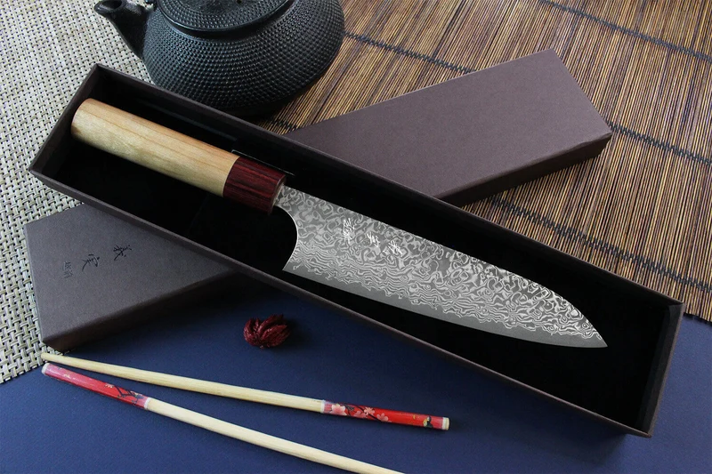 Couteau de chef japonais artisanal Yoshimi Kato 18cm VG10 Nickel Damascus cerisier