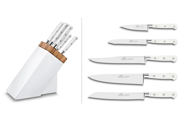 Bloc Sabatier blanc et olivier 5 couteaux forgés Toque Blanche