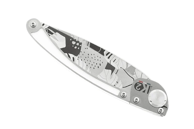 Couteau pliant K2 Elegance K2.24M manche inox décor monstera 11,5cm + étui suédine