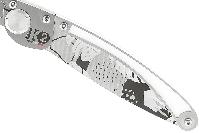 Couteau pliant K2 Elegance K2.24M manche inox décor monstera 11,5cm + étui suédine