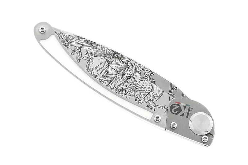 Couteau pliant K2 Elegance K2.22M manche inox décor magnolia 11,5cm + étui suédine