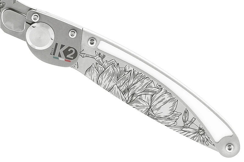 Couteau pliant K2 Elegance K2.22M manche inox décor magnolia 11,5cm + étui suédine