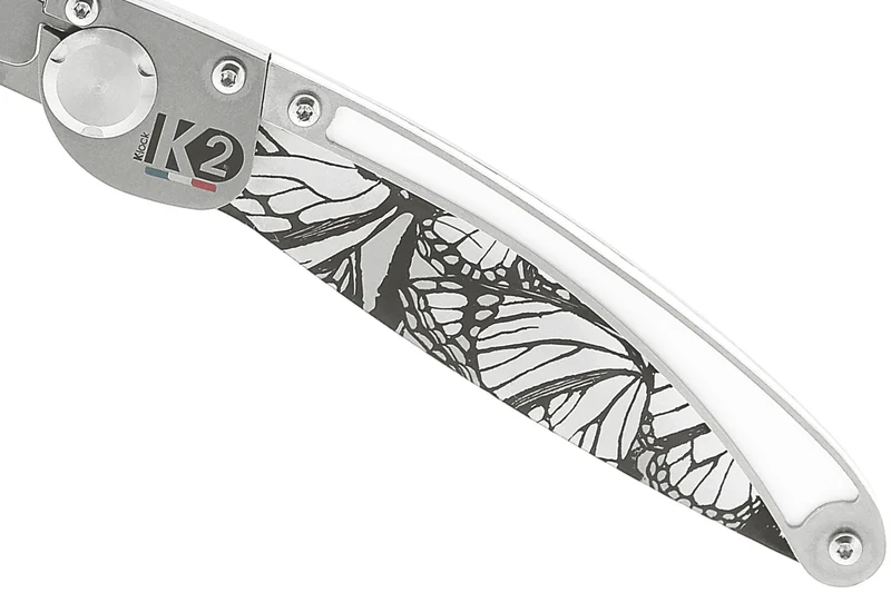Couteau pliant K2 Elegance K2.21M manche inox décor papillon 11,5cm + étui suédine