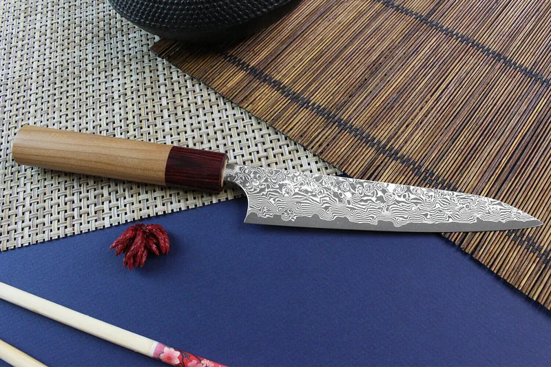 Couteau universel japonais artisanal Yoshimi Kato 15cm VG10 Nickel Damascus cerisier