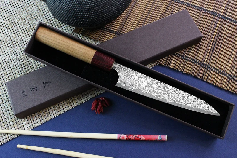 Couteau universel japonais artisanal Yoshimi Kato 15cm VG10 Nickel Damascus cerisier