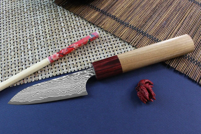 Couteau d'office japonais artisanal Yoshimi Kato 8,5cm VG10 Nickel Damascus cerisier
