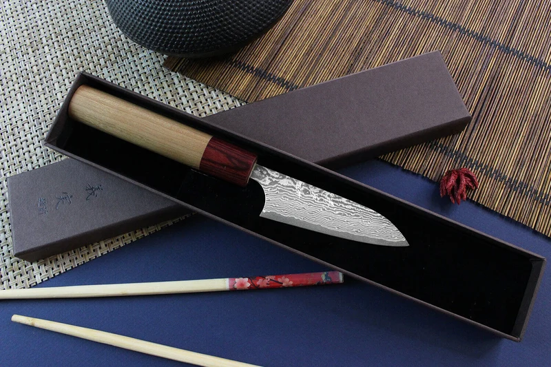 Couteau d'office japonais artisanal Yoshimi Kato 8,5cm VG10 Nickel Damascus cerisier