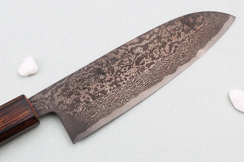 Couteau santoku 16,5cm japonais artisanal Nakamura Kaishin Ginsan Black Damas
