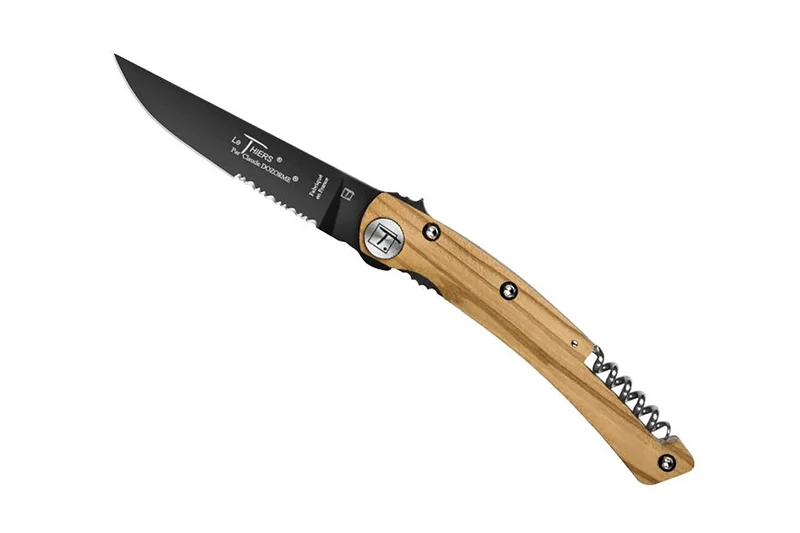 Couteau pliant lame noire dentée Le Thiers Liner Lock Claude Dozorme olivier 12,5cm