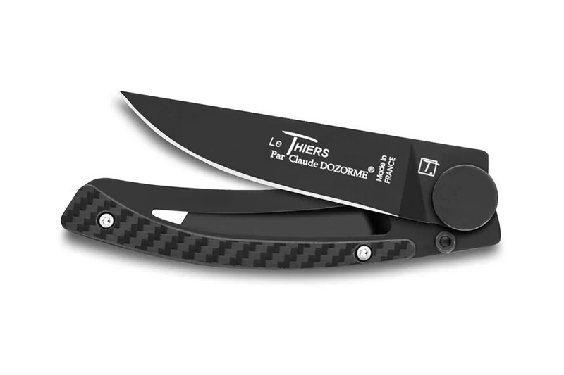 Couteau pliant Le Thiers Liner Lock Claude Dozorme acier noir manche façon carbone 10,5cm