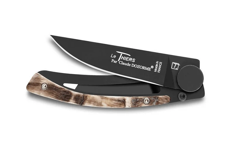 Couteau pliant Le Thiers Liner Lock Claude Dozorme acier noir corne de bélier 10,5cm