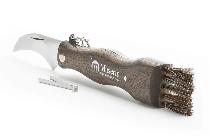 Couteau pliant à champignons Maserin manche noyer 11cm + brosse intégrée