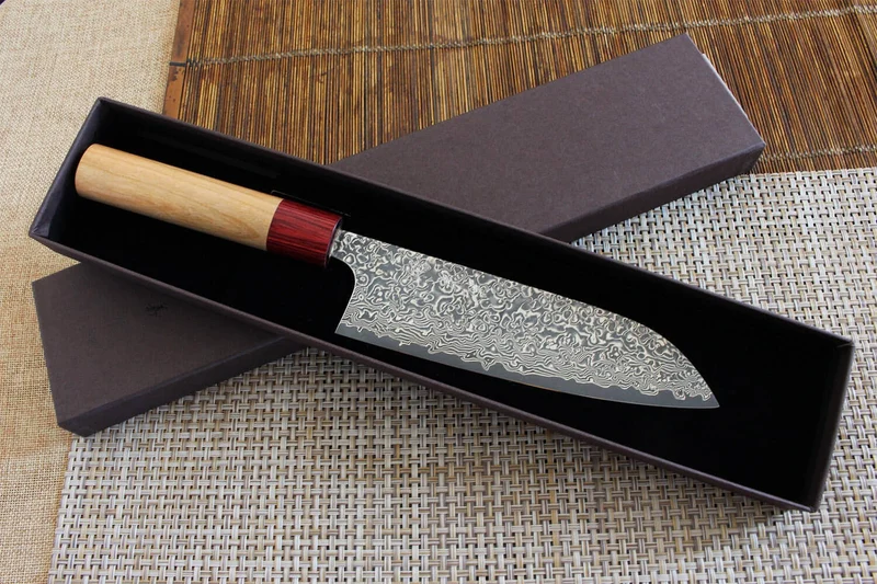 Couteau santoku japonais artisanal Yoshimi Kato 17cm VG10 Nickel Damascus cerisier