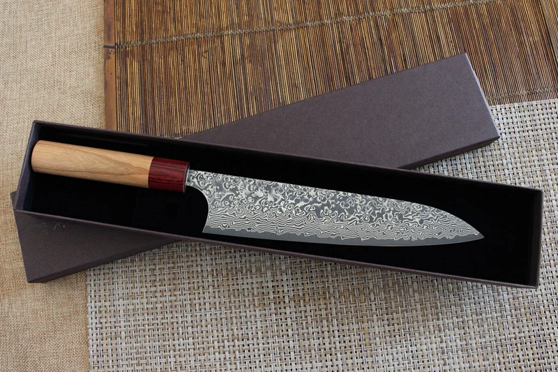 Couteau de chef japonais artisanal Yoshimi Kato 21cm VG10 Nickel Damascus cerisier