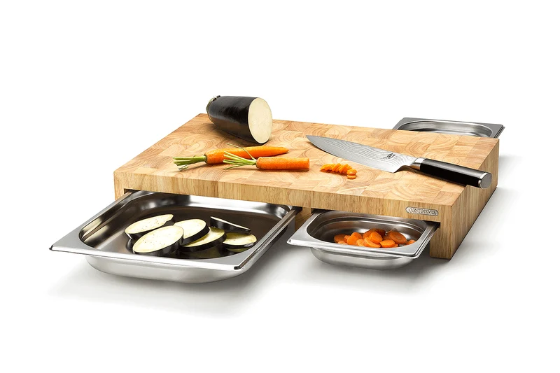 Planche à découper Continenta en bois 50x32,5x8,5cm + 3 bacs inox