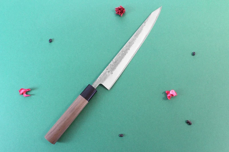 Couteau sujihiki japonais artisanal Wusaki Nakata BS2 24cm manche en noyer