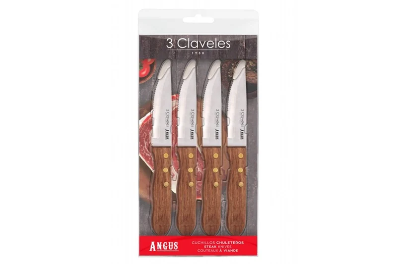 Set de 4 couteaux à steak 3 Claveles Angus 12cm acier inox manche frêne