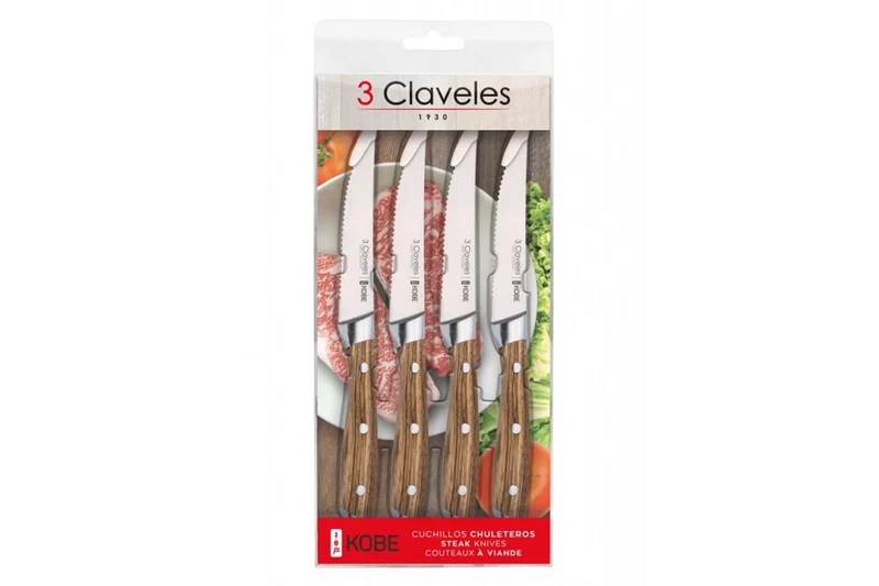 Set de 4 couteaux à steak 3 Claveles Kobe 11,5cm acier inox manche châtaignier