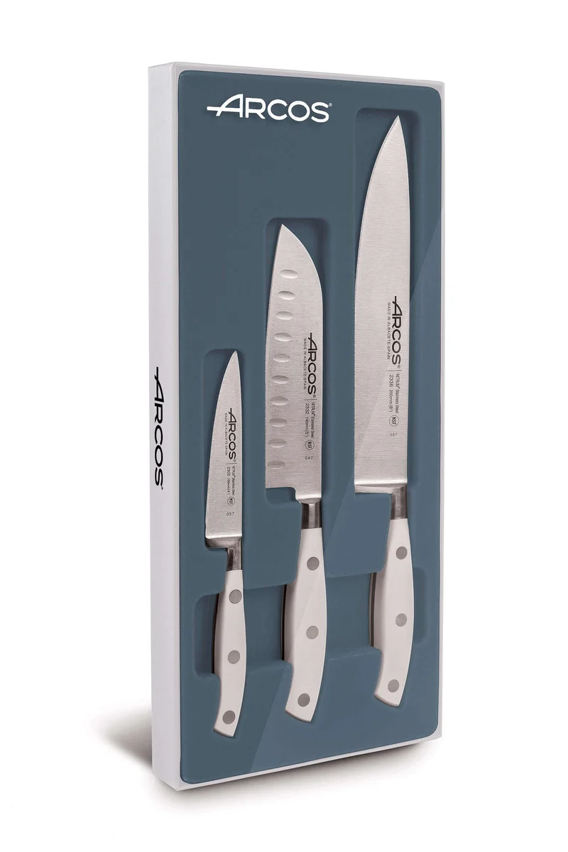 Coffret 3 couteaux Riviera White Arcos forgés (Chef+Santoku+Office)