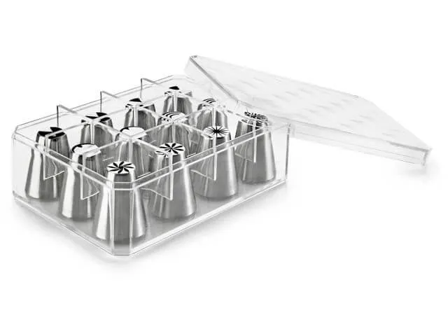Boite de 12 douilles assorties tout inox décor floral