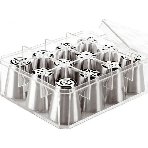 Boite de 12 douilles tout inox assorties décors fleurs