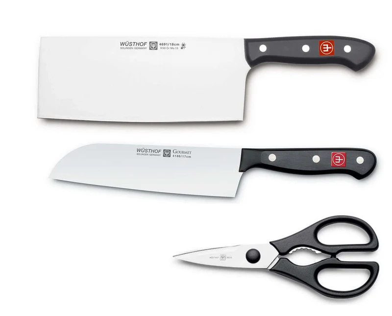 Coffret 3 pièces Wusthof Gourmet couteau de chef chinois + santoku + ciseaux
