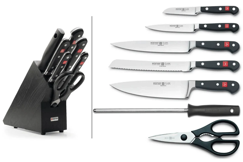 Bloc cuisine Wusthof Classic noir 7 pièces - 5 couteaux + 1 fusil et une paire de ciseaux