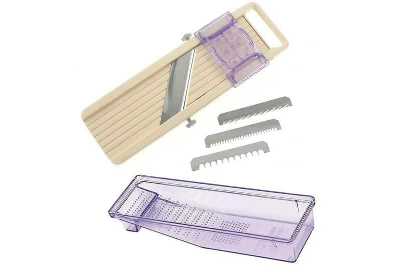 Mandoline japonaise professionnelle Benriner 3 lames couloir 6.5cm + poussoir et bac