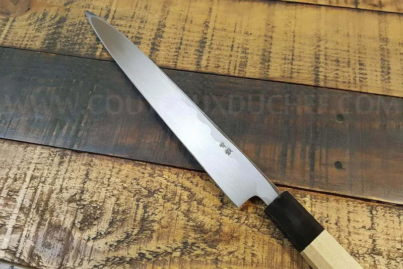 Couteau japonais sahimi 24cm haut de gamme JIKKO Montan acier Blue 2 Steel manche magnolia