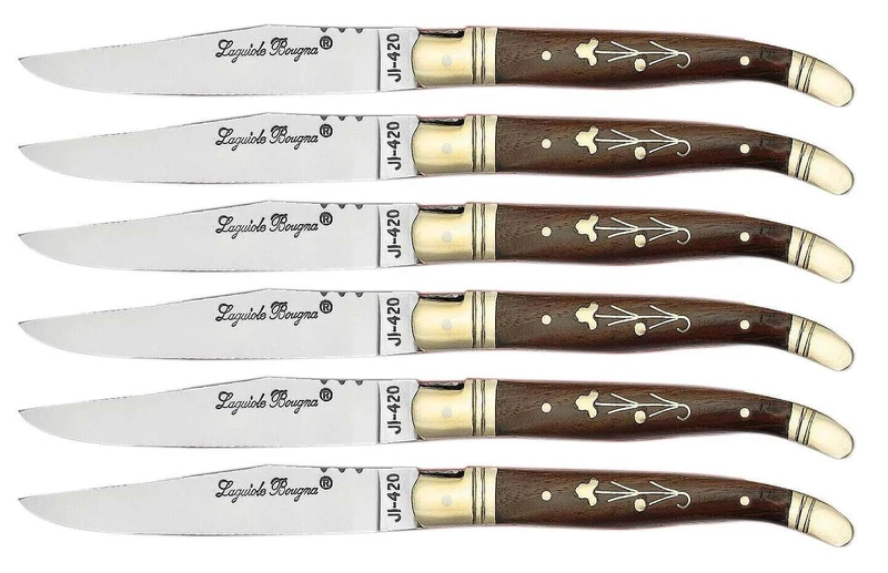 Coffret cadeau de 6 couteaux de table Laguiole Bougna manches palissandre - mitres laiton