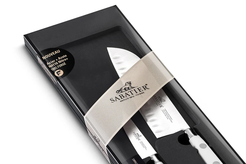 Coffret 2 couteaux Sabatier Toque blanche 100% forgé office + santoku
