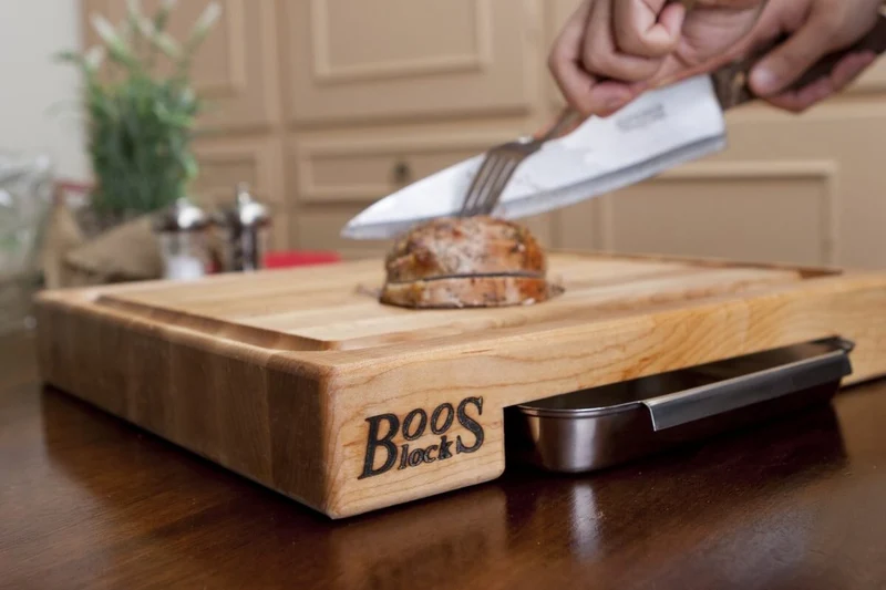 Planche Boos Blocks Prep Masters bois d'érable + plateau acier 46x46x6cm