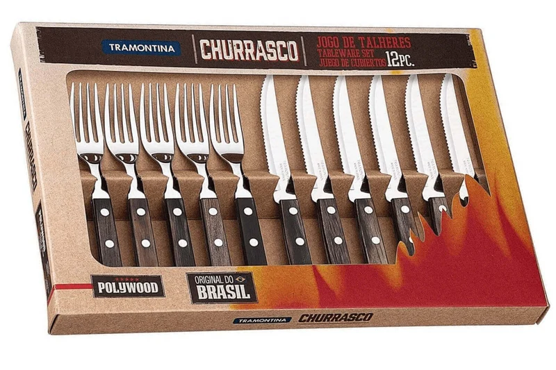 Coffret 6 couteaux à steak lame crantée + 6 fourchettes Tramontina Churrasco manche marron