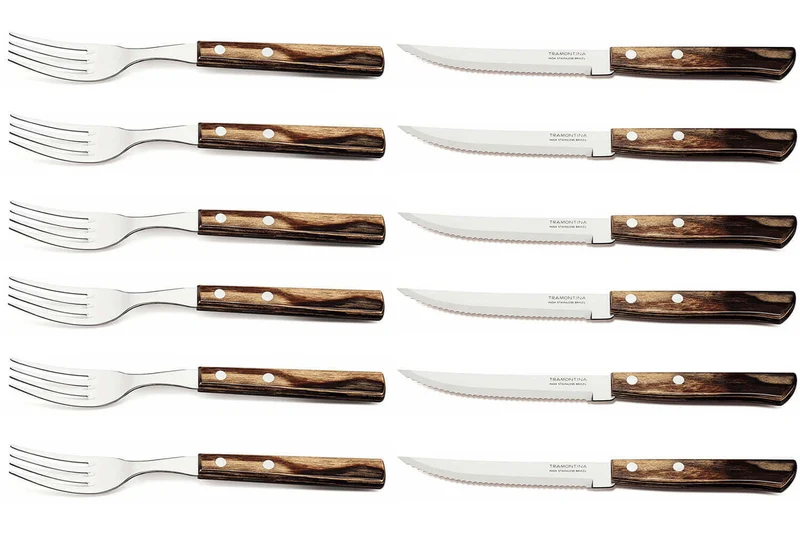 Coffret 6 couteaux à steak lame crantée + 6 fourchettes Tramontina Churrasco manche marron