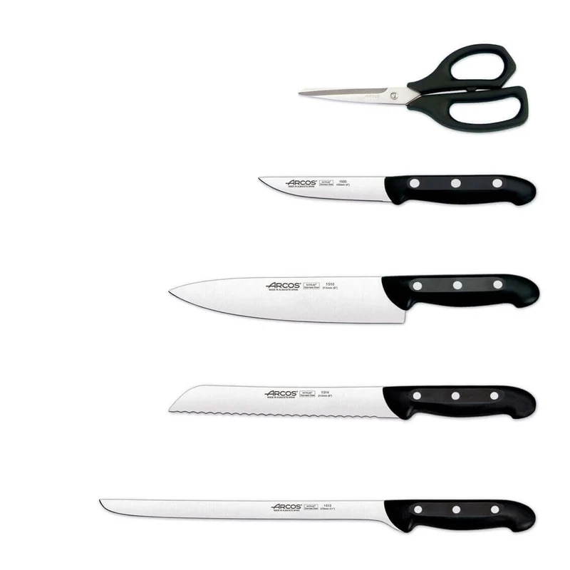 Bloc en pin 4 couteaux + 1 ciseaux Arcos MAITRE lames acier inox NITRUM
